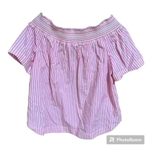Vineyard Vines Off the Shoulder Blouse. Women's Large. Pink/White Stripe. Cotton - Picture 2 of 6